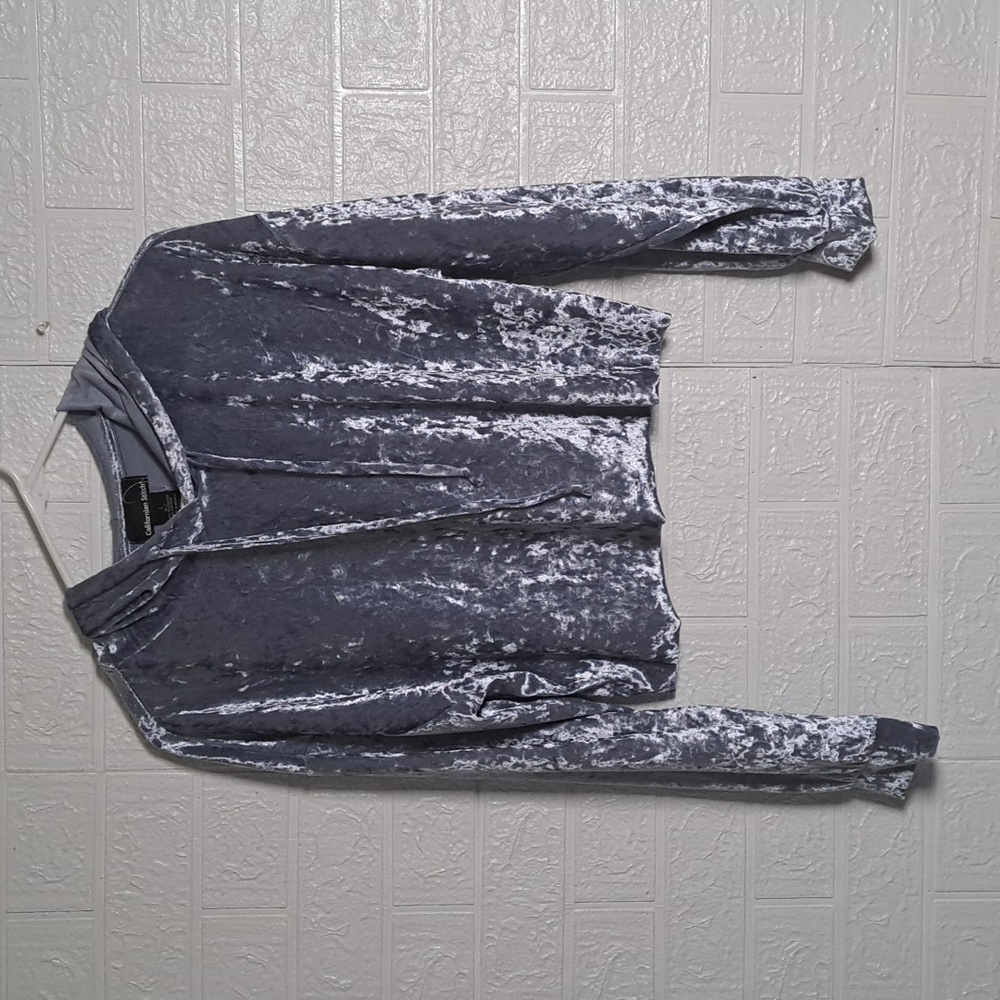 California Stitch Crushed Velvet Hooded Top Silver Blue